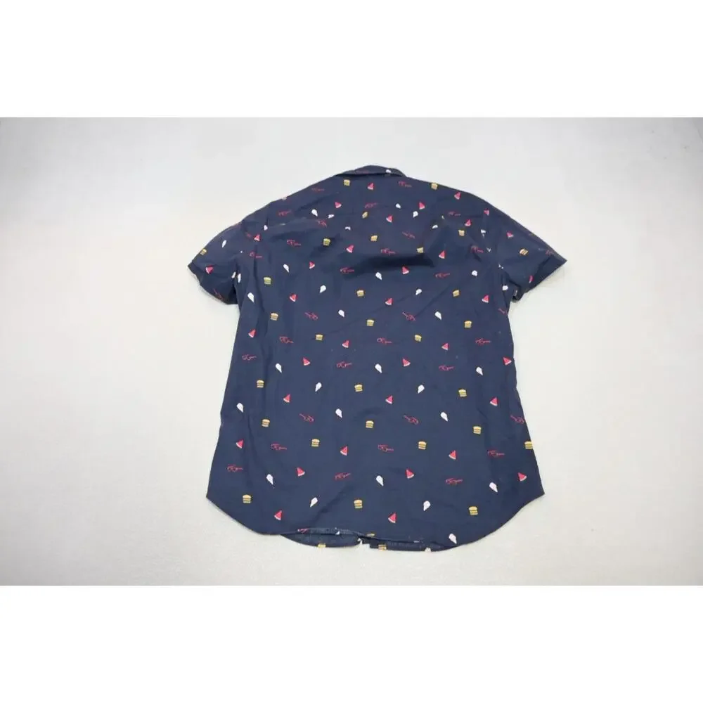 J Crew Flex Button Up Graphic Dress‎ Shirt Dark Blue Short Sleeve Mens Sz Large
